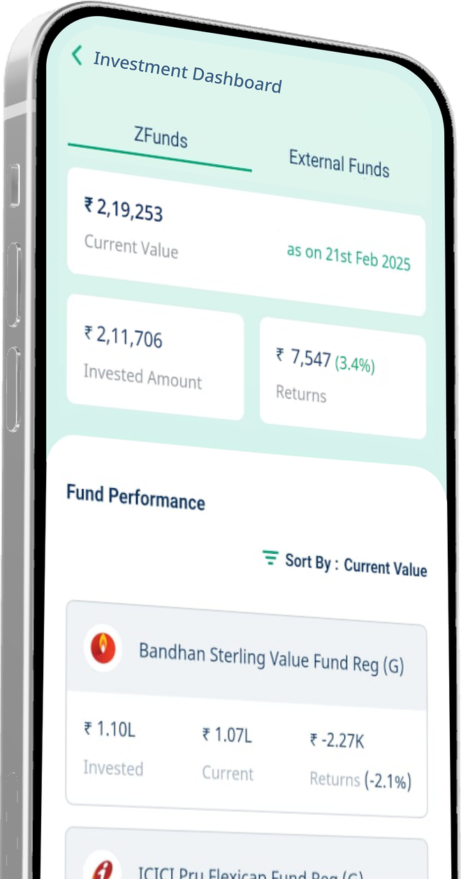 zfunds app investment dashboard showing current value, invested amount, returns, and fund performance