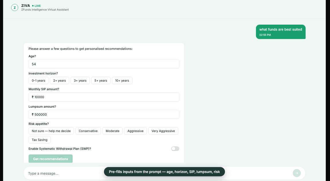 Ziva, the zfunds AI assistant, turning a chat prompt into a personalised fund recommendation
